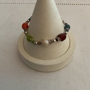 Multi Colored Glass Beaded Silver Tone Toggle Bracelet
